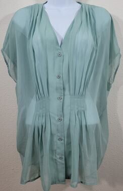 Abito Light Green Sheer Pleated Batwing Button Up Top XL Lightweight Flowy Soft